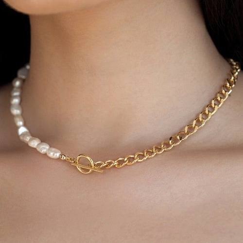 Luxurious Romantic Color Block Stainless Steel  Freshwater Pearl Beaded Plating 18K Gold Plated Necklace
