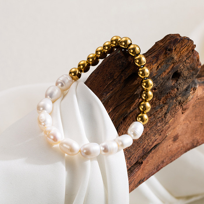 Simple Style Classic Style Round Stainless Steel Freshwater Pearl 18K Gold Plated Bracelets In Bulk