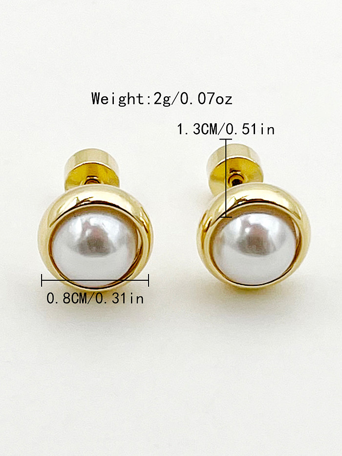 1 paire de clous d'oreilles ronds en acier inoxydable, Style Simple, polissage du métal, incrustation de perles plaquées or