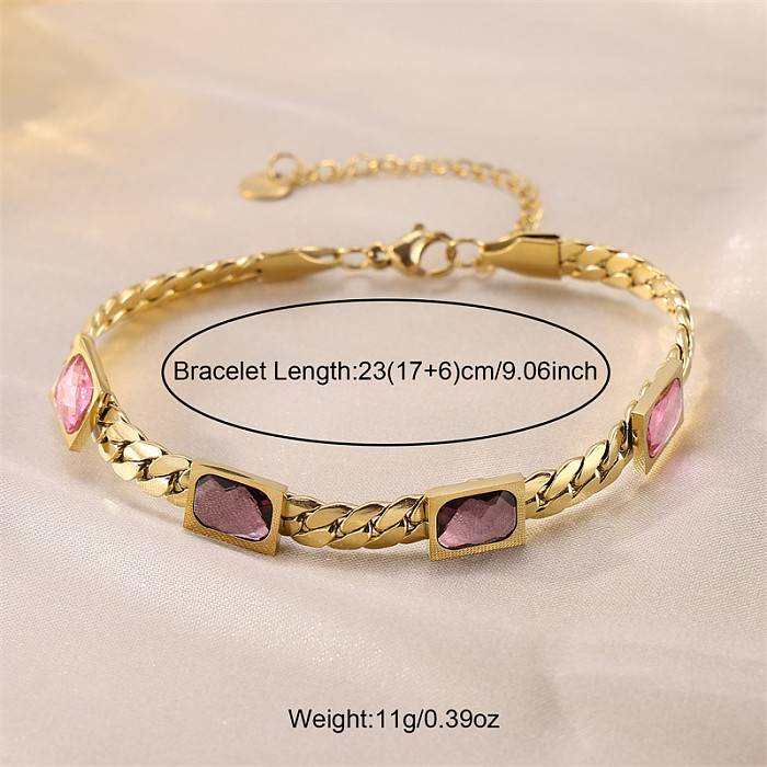 Lady Shiny Rectangle Stainless Steel 18K Gold Plated Zircon Bracelets In Bulk