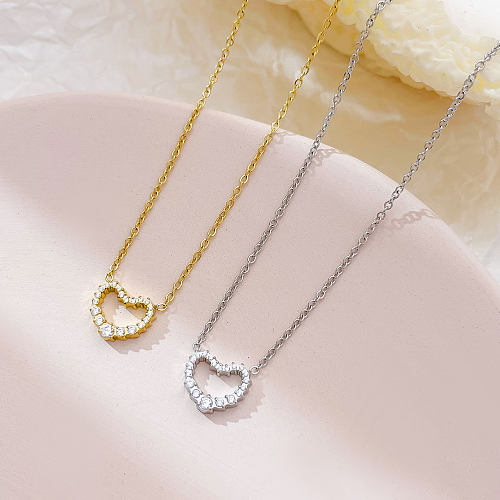 Sweet Simple Style Heart Shape Stainless Steel  Plating Hollow Out Inlay Zircon White Gold Plated Gold Plated Pendant Necklace