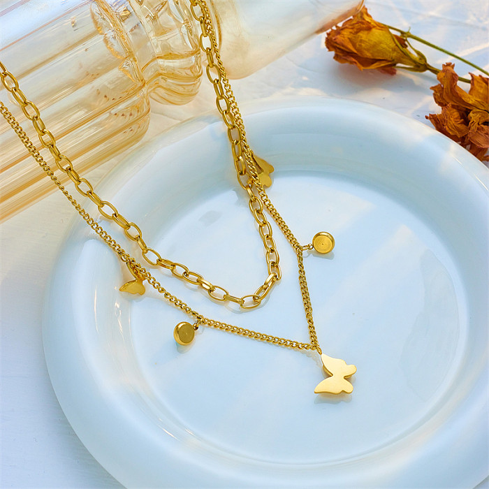 Vintage Style Butterfly Stainless Steel Layered Plating 18K Gold Plated Layered Necklaces