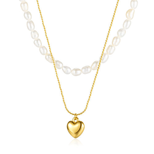 French Natural Freshwater Pearl Stainless Steel  Heart Multi-layer Necklace