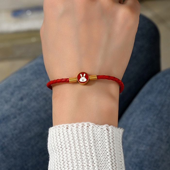Casual Cute Rabbit Stainless Steel Pu Leather Braid Wristband