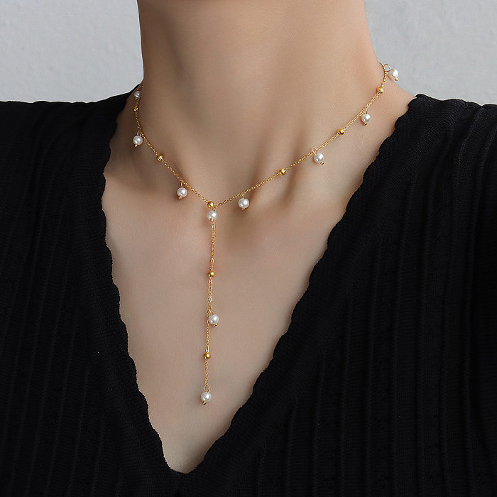 Simple Small Starry Star Pearl Clavicle Chain Necklace Y-shaped Tassel Titanium Steel