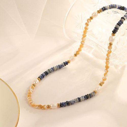 Schlichter Stil, runde, vergoldete Halskette mit Perlen aus Edelstahl im klassischen Stil