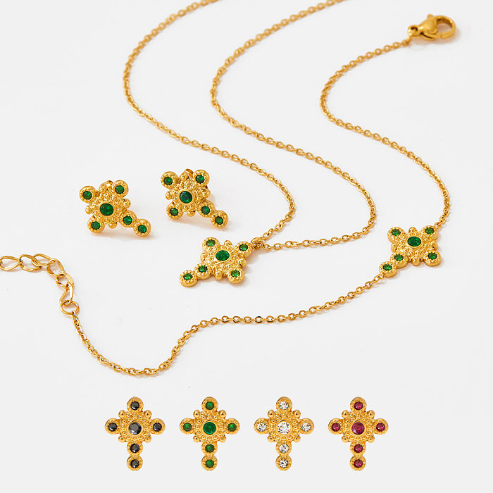 Lässige, glamouröse, vergoldete Anhänger-Halskette mit Kreuz-Edelstahlbeschichtung und Edelsteineinlage