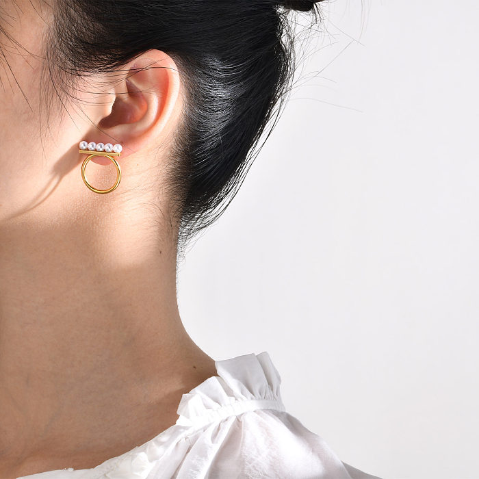1 paire de clous d'oreilles en perles artificielles, Style Simple, cercle en acier inoxydable, incrustation de perles artificielles