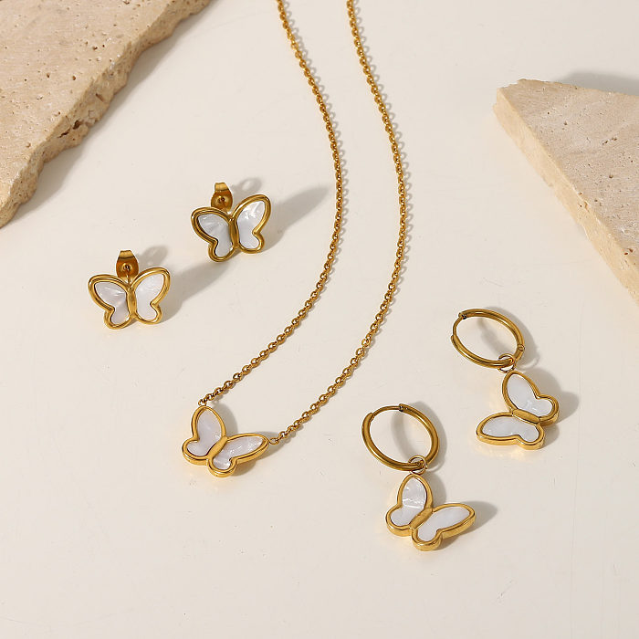 Brincos de colar de aço inoxidável em forma de borboleta com concha branca natural em ouro 18K
