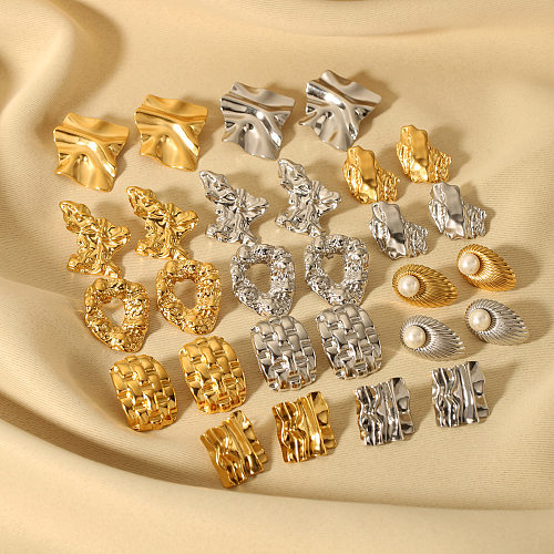 1 par de pendientes de perlas de acero inoxidable con incrustaciones huecas con revestimiento Irregular de estilo Simple