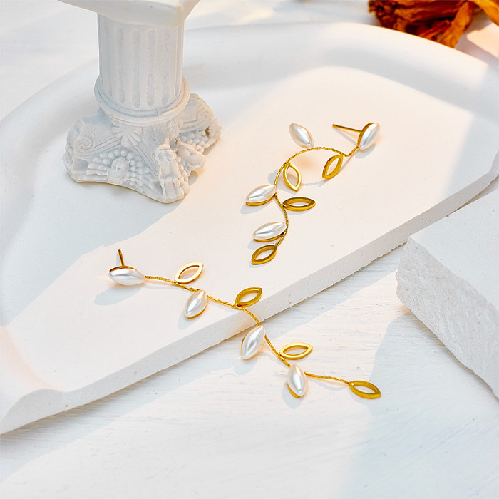 1 Pair Korean Style Leaf Plating Stainless Steel 18K Gold Plated Drop Earrings