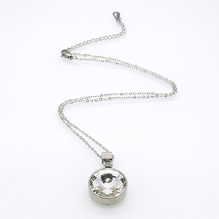 Simple Style Round Stainless Steel Inlay Artificial Crystal Pendant Necklace
