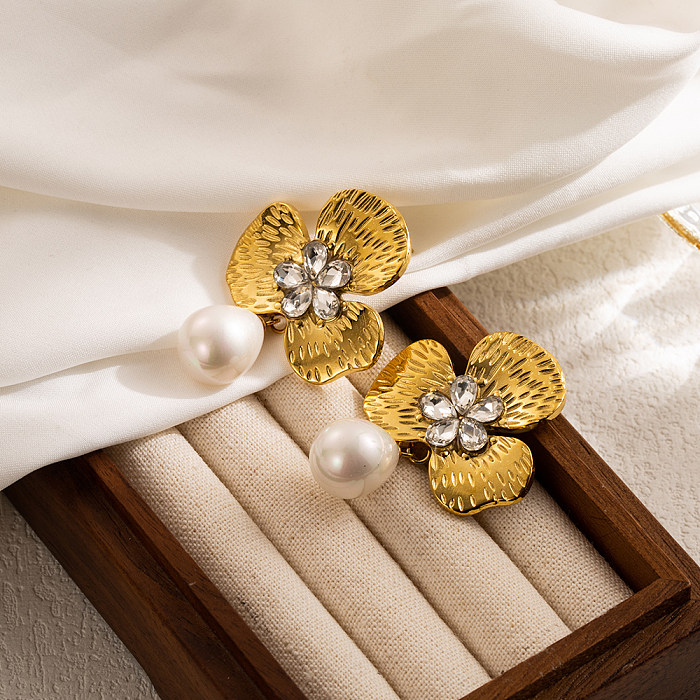 1 Pair Sweet Simple Style Flower Butterfly Plating Inlay Stainless Steel  Artificial Pearls Gold Plated Ear Studs