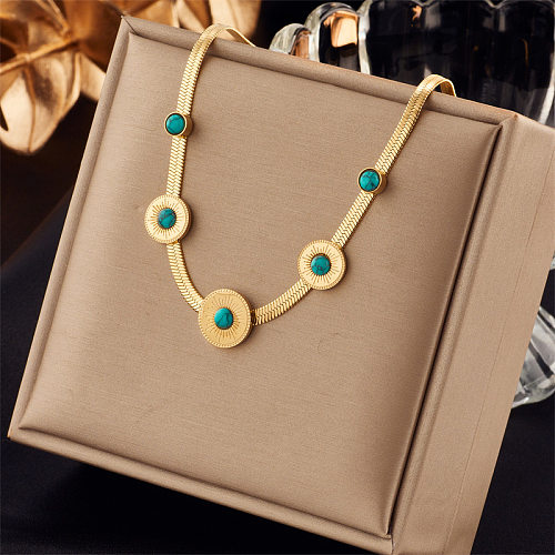 Retro Round Stainless Steel Enamel Plating Inlay Turquoise 18K Gold Plated Necklace