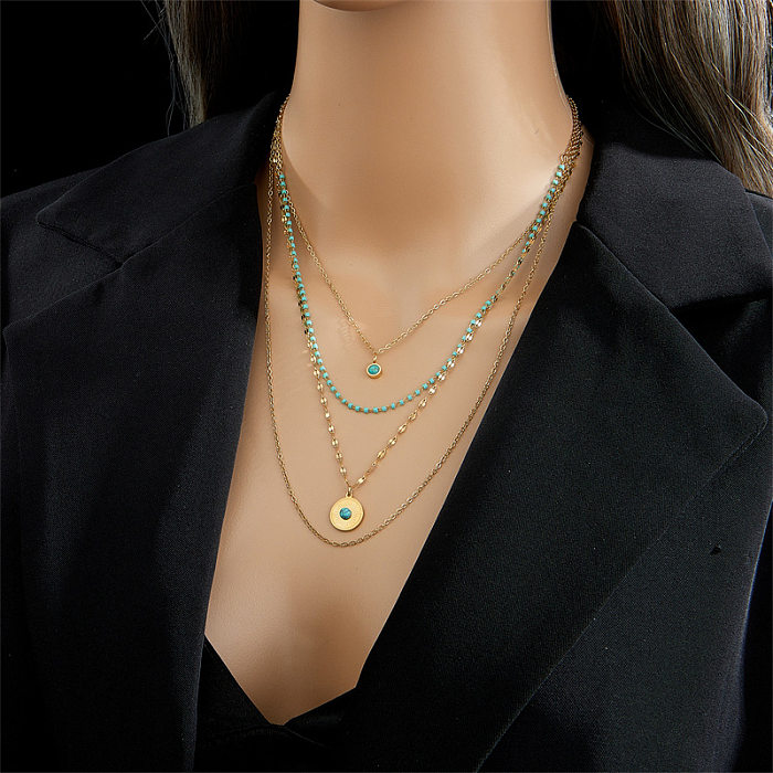 Casual Retro Round Stainless Steel Beaded Plating Inlay Turquoise 18K Gold Plated Layered Necklaces