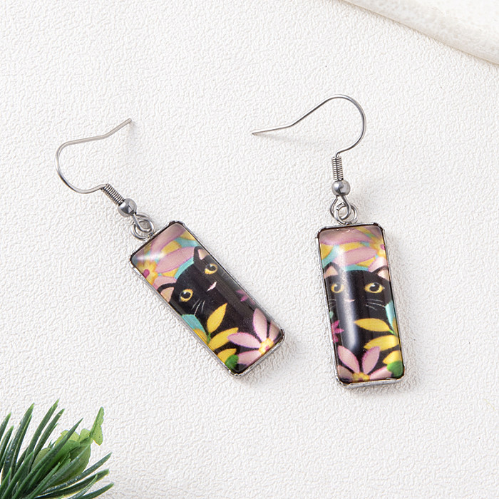 1 Pair Vacation Animal Cat Stainless Steel  Inlay Glass Drop Earrings