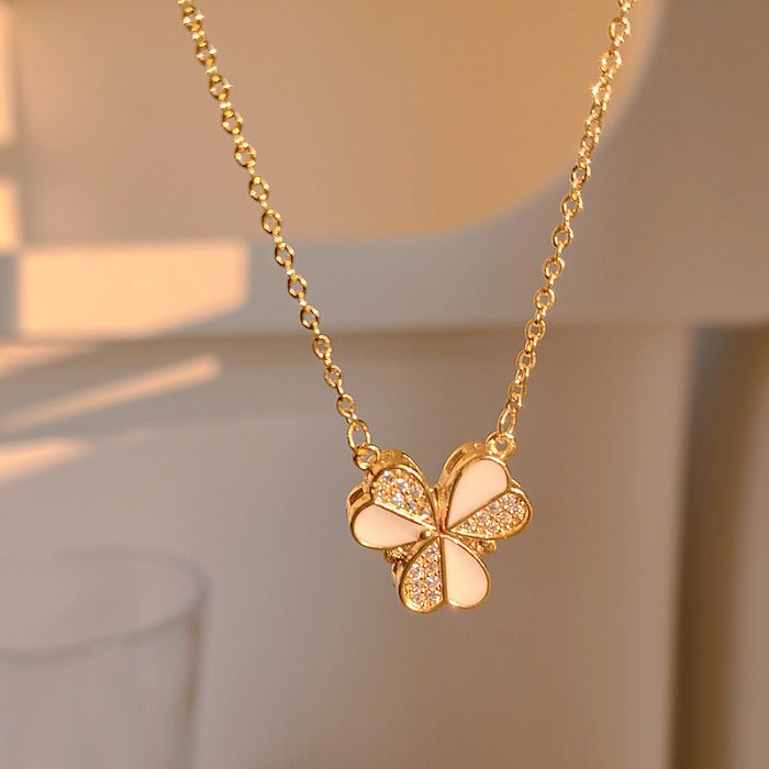 Fashion Four Leaf Clover Heart Shape Stainless Steel Rhinestone Necklace