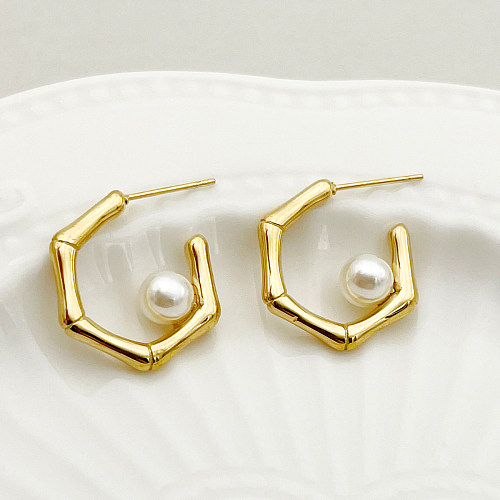 1 Pair Elegant Classical Sweet Pentagon Stainless Steel  Metal Polishing Plating Inlay Artificial Pearls Gold Plated Ear Studs