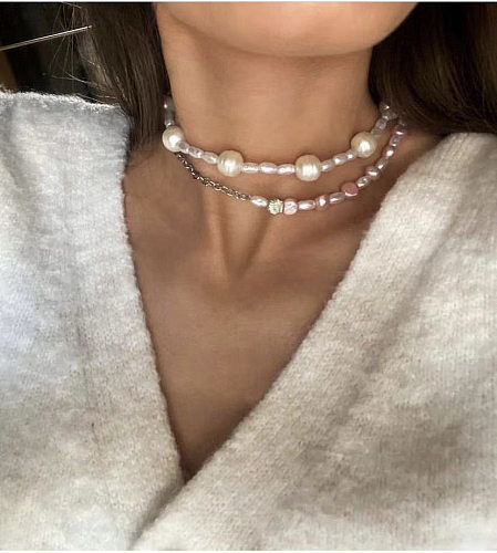Collar de cuentas de perlas artificiales de acero inoxidable redondo de estilo simple