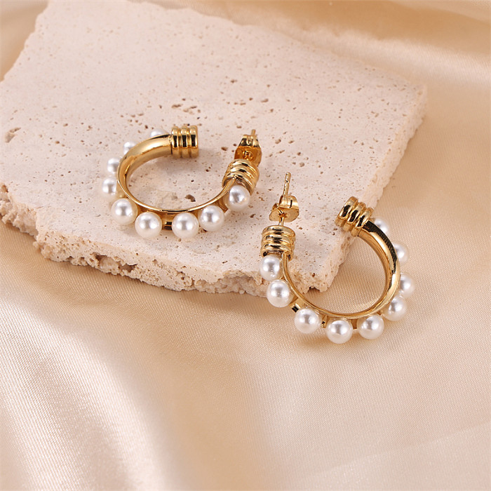 1 paire de clous d'oreilles plaqués or et perles en acier inoxydable, Style classique, incrustation géométrique