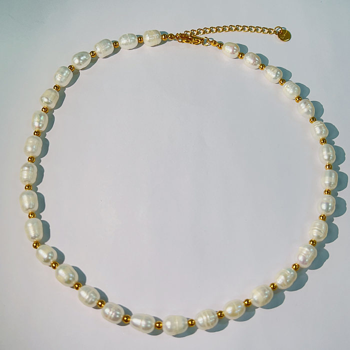 IG Style Sweet Oval Stainless Steel  Freshwater Pearl Beaded Handmade 18K Gold Plated Necklace