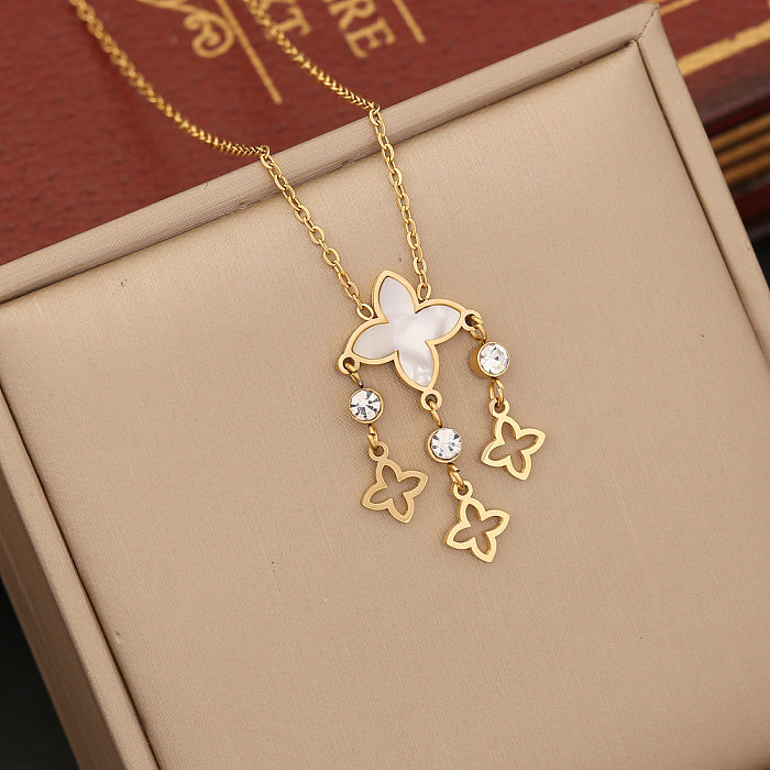 Elegant Simple Style Flower Stainless Steel  Plating Hollow Out Inlay Shell Zircon Pendant Necklace