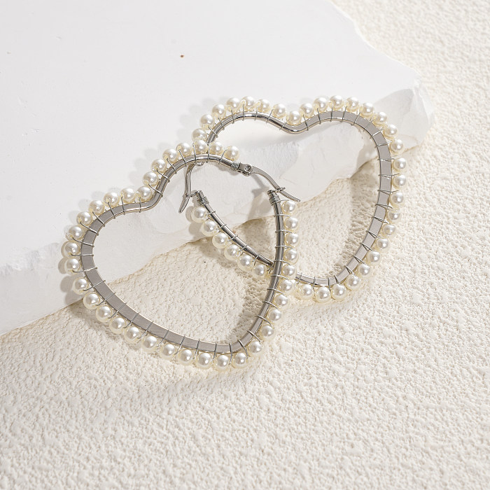 1 par feminino estilo simples geométrico quadrado formato de coração incrustação de brincos de pérolas artificiais de aço inoxidável
