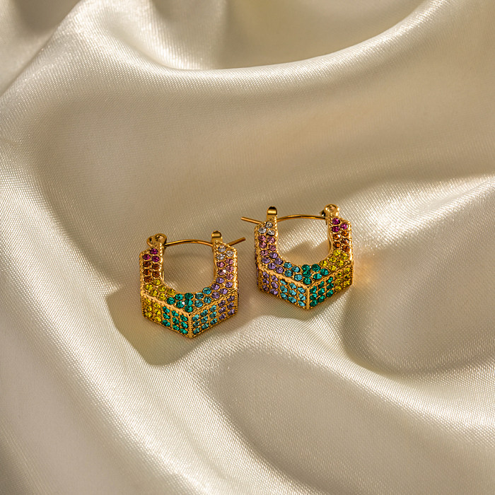 1 Paar glänzende U-förmige Ohrringe im INS-Stil mit Intarsien und Strasssteinen aus Edelstahl mit 18-Karat-Vergoldung
