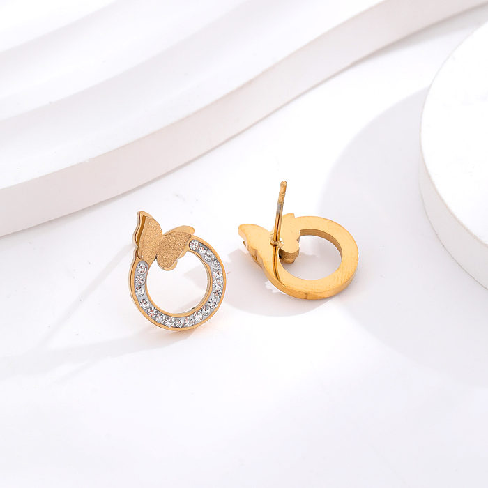 1 Paar Damen-Ohrringe im klassischen Stil mit rundem Schmetterling, Edelstahl-Beschichtung, Inlay, Zirkon, 24 Karat vergoldet