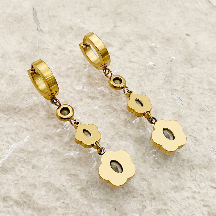 1 Pair Simple Style Commute Flower Plating Inlay Stainless Steel  Zircon Gold Plated Drop Earrings