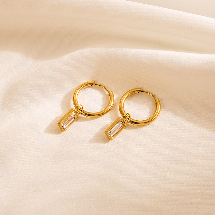 Pendientes colgantes de circonita con incrustaciones chapadas en oro de acero inoxidable cuadrado en forma de C a la moda, 1 par