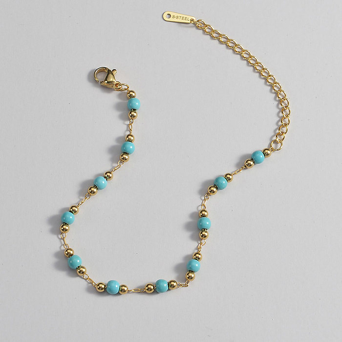 Bracelets plaqués or 18 carats en acier inoxydable rond de style français rétro avec perles turquoise
