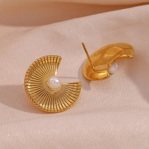 1 Pair French Style Sector Stainless Steel  Plating Inlay Pearl 18K Gold Plated Ear Studs