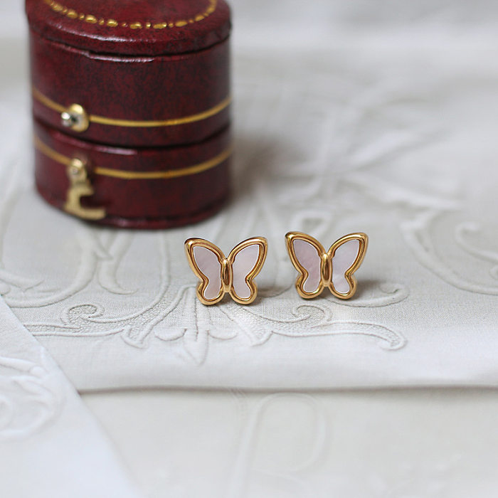 Estilo japonês suave luxo borboleta tridimensional concha branca elegante e bonito conjuntos de colar de orelha de aço inoxidável banhado a ouro 18K