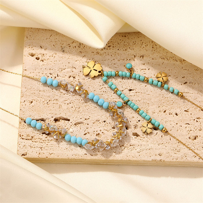Schlichter Stil, vierblättriges Kleeblatt, Edelstahl, Naturstein, Perlen-Anhänger-Halskette