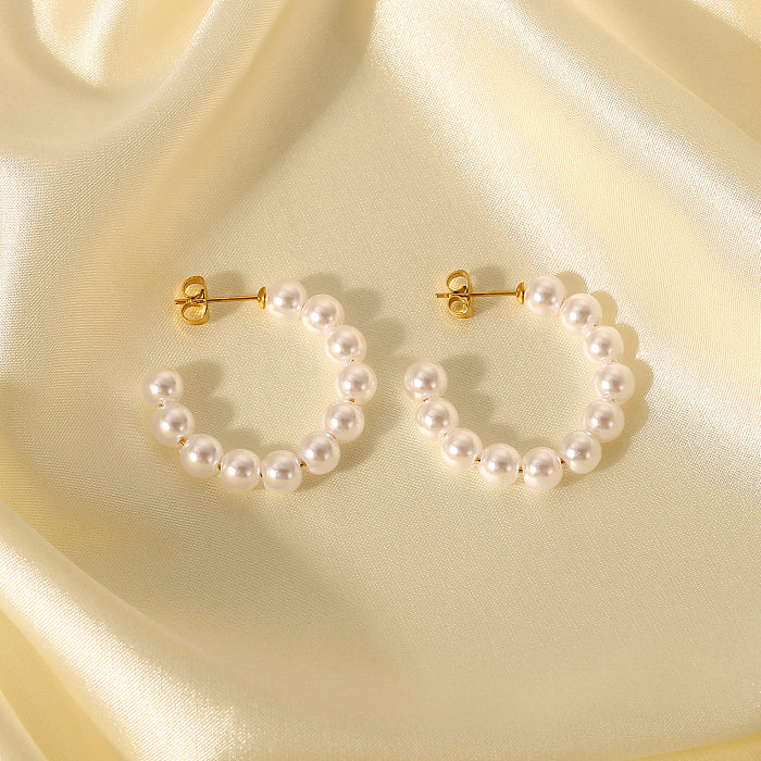 New 18K Gold Stainless Steel  30mm Pearl C-shaped Women's Earrings