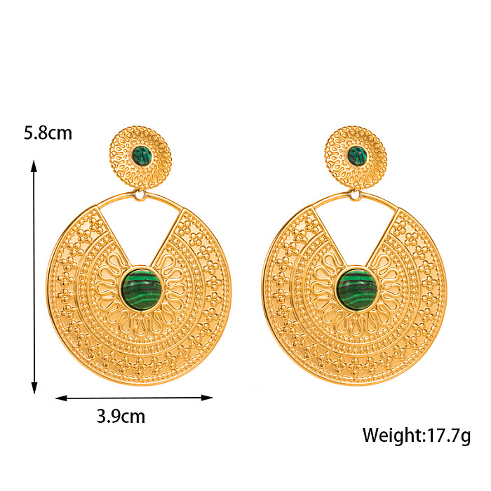 Boucles d'oreilles rondes en forme de C, 1 paire, incrustation creuse en acier inoxydable, pierre naturelle plaquée or 16 carats, clous d'oreilles