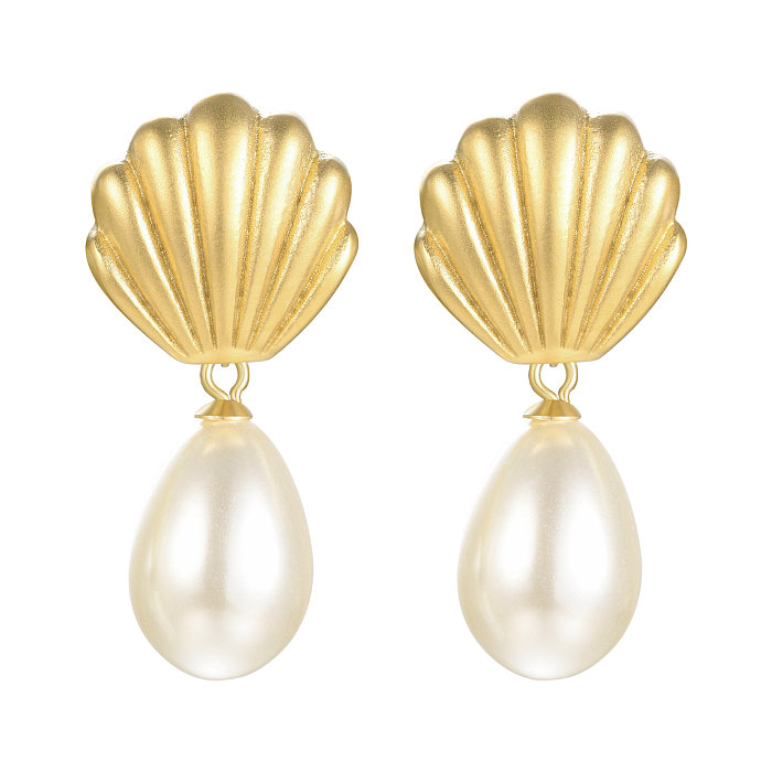1 paire de boucles d'oreilles pendantes en acier inoxydable plaqué or 18 carats, style baroque, pétoncles, Style INS