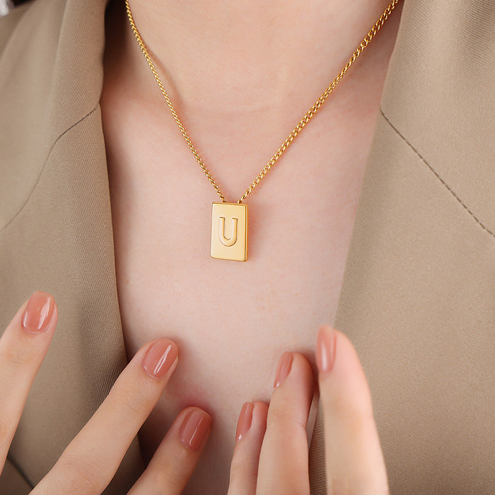 Casual Simple Style Letter Rectangle Stainless Steel Plating Carving 18K Gold Plated Pendant Necklace