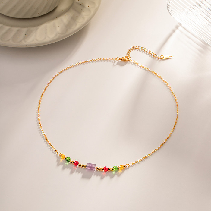 Collier plaqué or 18 carats en perles d'acier inoxydable multicolore de style simple, vente en gros