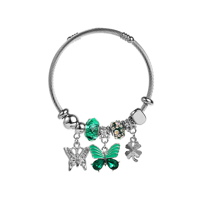 Elegante lindo trébol de cuatro hojas forma de corazón mariposa aleación de acero inoxidable con incrustaciones de diamantes de imitación brazalete