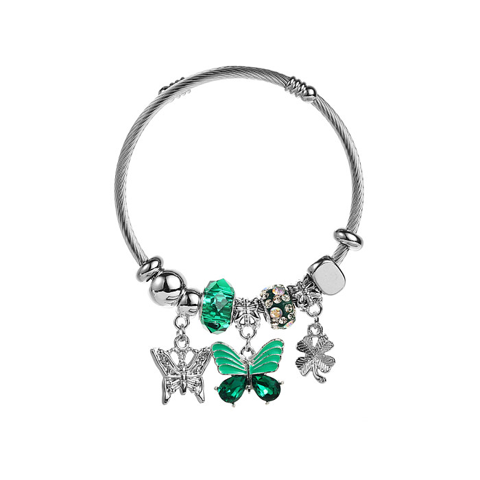 Bracelet élégant et mignon en forme de cœur, trèfle à quatre feuilles, papillon, en alliage d'acier inoxydable, incrustation de perles et de strass