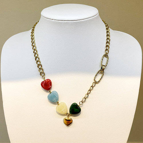 IG Style décontracté en forme de coeur en acier inoxydable pierre naturelle polissage placage plaqué or pendentif collier Long collier