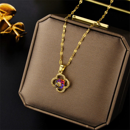 1 Piece Fashion Geometric Four Leaf Clover Stainless Steel Inlaid Zircon Pendant Necklace
