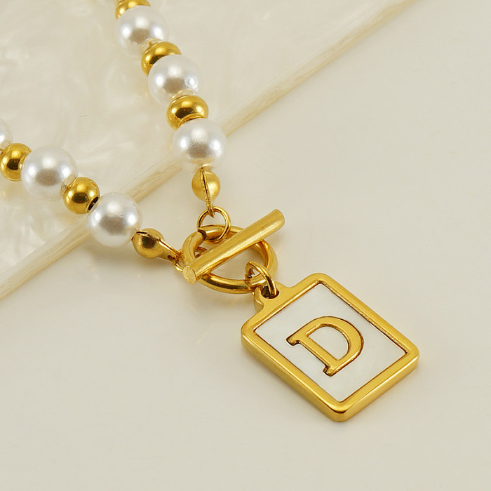 Elegant French Style Letter Stainless Steel  Pearl Plating Inlay Shell 18K Gold Plated Pendant Necklace