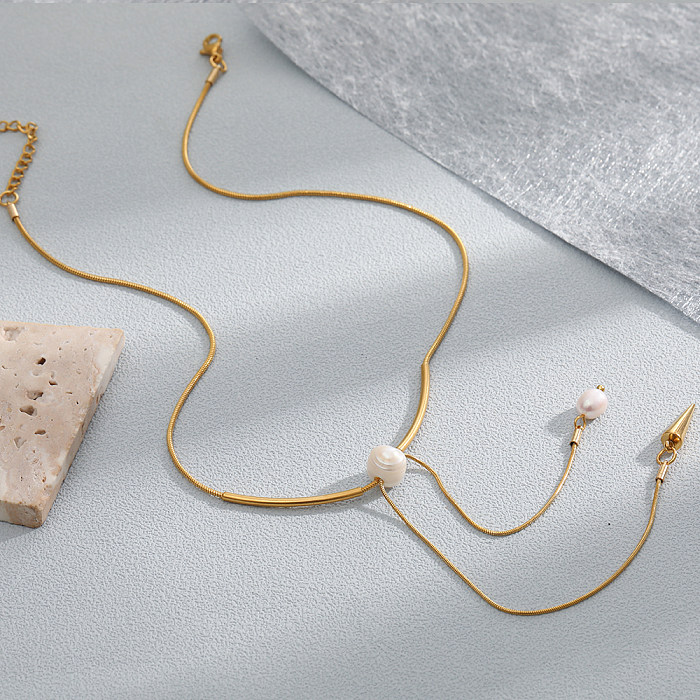 Modische, einfarbige Halskette mit Perlenanhänger aus Edelstahl, 1 Stück