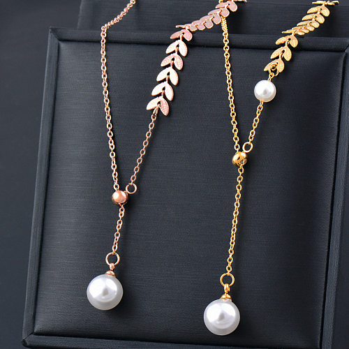 Simple Style Leaf Stainless Steel Inlay Artificial Pearls Pendant Necklace 1 Piece