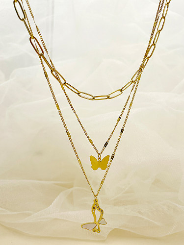 Modern Style Butterfly Stainless Steel  Plating Inlay Rhinestones 14K Gold Plated Pendant Necklace