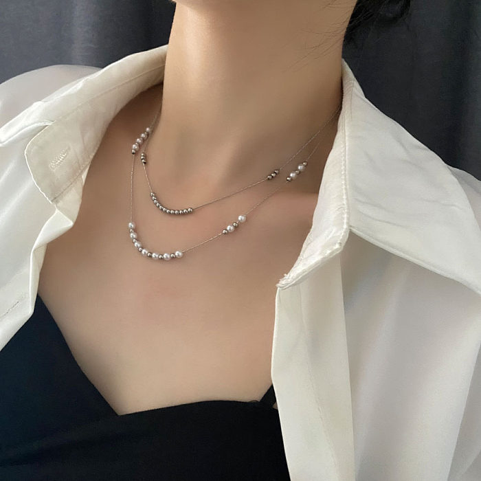 Collares en capas de perlas artificiales con revestimiento de acero inoxidable geométricos de moda