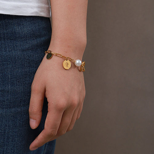 Retro Style Stainless Steel 18K Gold Plated Elizabeth Coin Pendant Pearl Ball Bead Chain Stitching Bracelet